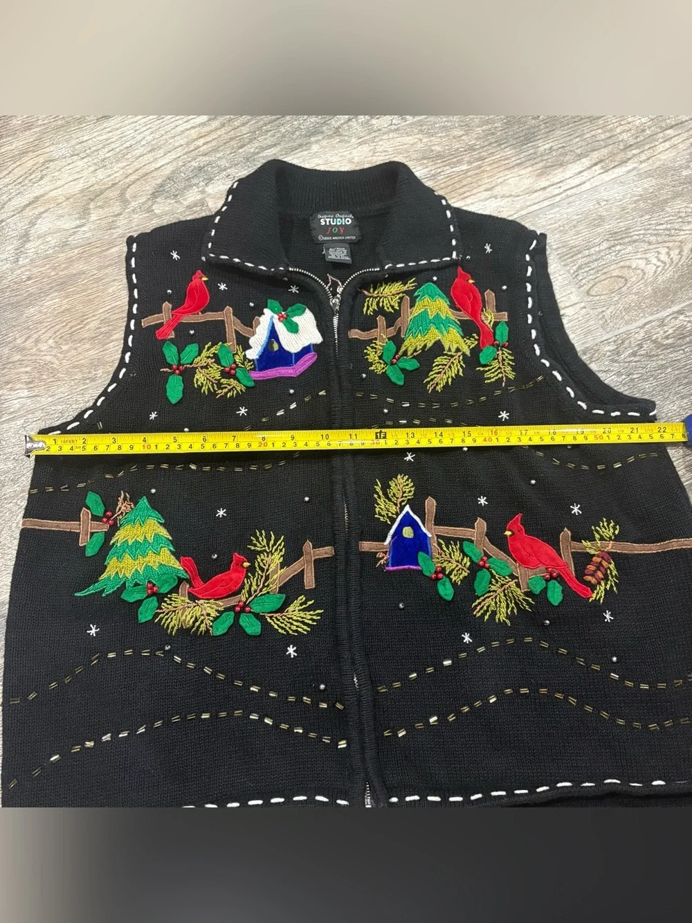VTG Ugly Christmas Sweater Vest Tree Zip Cardinals Black Beaded Holiday Sz XL
